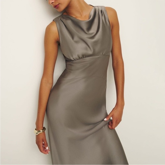 NWT Reformation Dessa Satin Maxi Slip Cowl Bias Neck Dress in Taupe size 10 - Picture 3 of 13